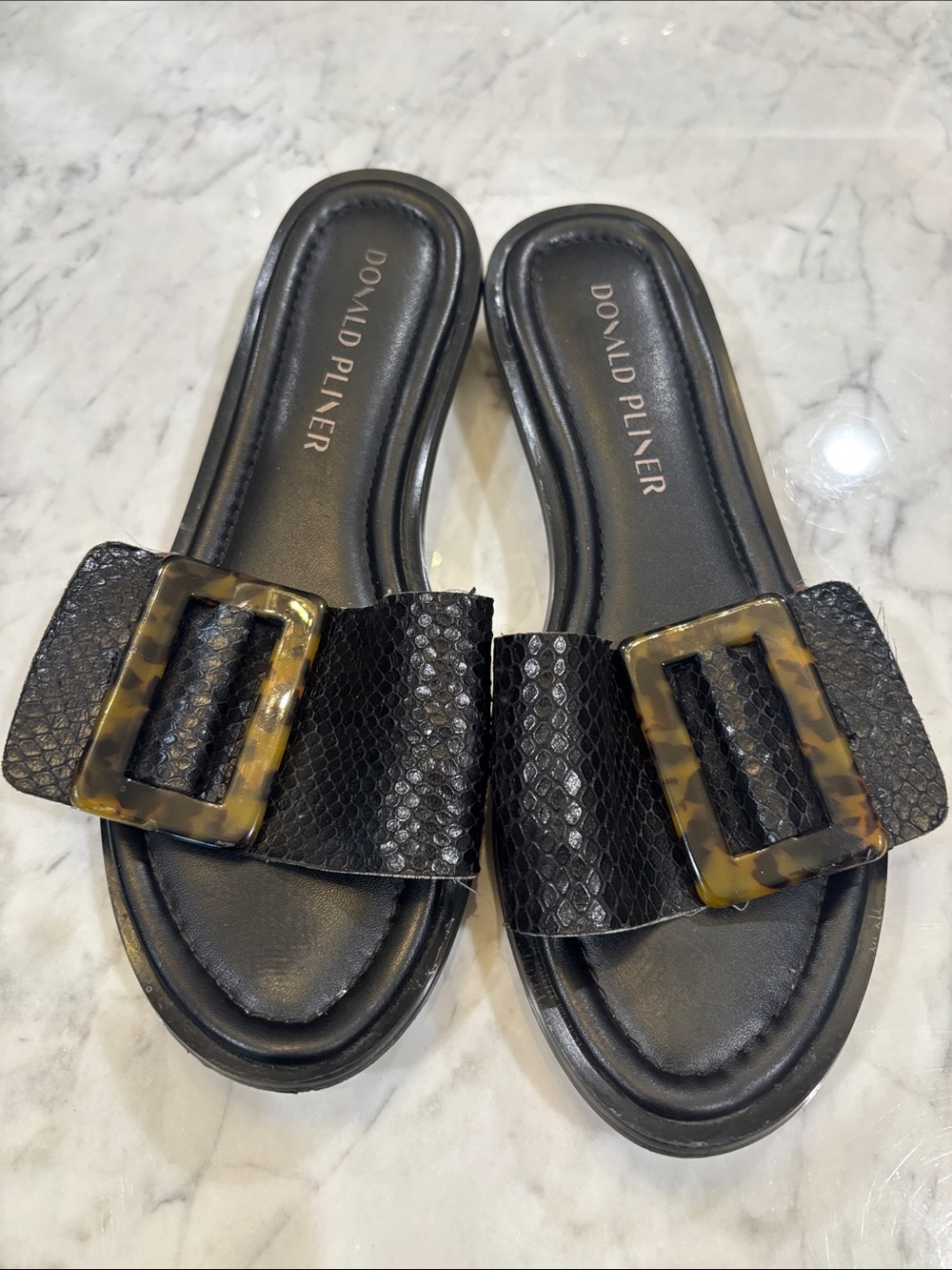 Donald J. Pliner Black Slide Sandals with Tortoiseshell Buckle